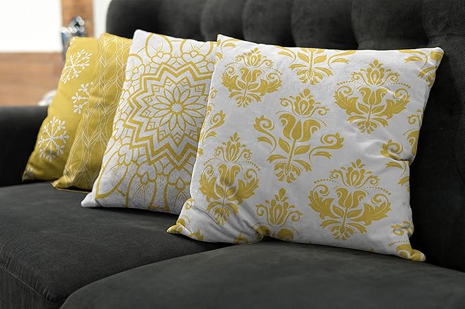 Ambesonne Retro Throw Pillow Cushion Case Pack of 4, Trellis Grid Medieval Floral Damask Mandala Flower Ornament in Modern Monochrome, Modern Accent Double-Sided Digital Printing, 24", Earth Yellow