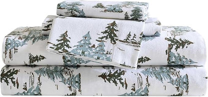 Eddie Bauer - Twin Sheets, Cotton Flannel Bedding Set, Brushed for Extra Softness, Cozy Home Decor, Oeko-Tex Certified (Snowy Pine Trees Green, Twin)