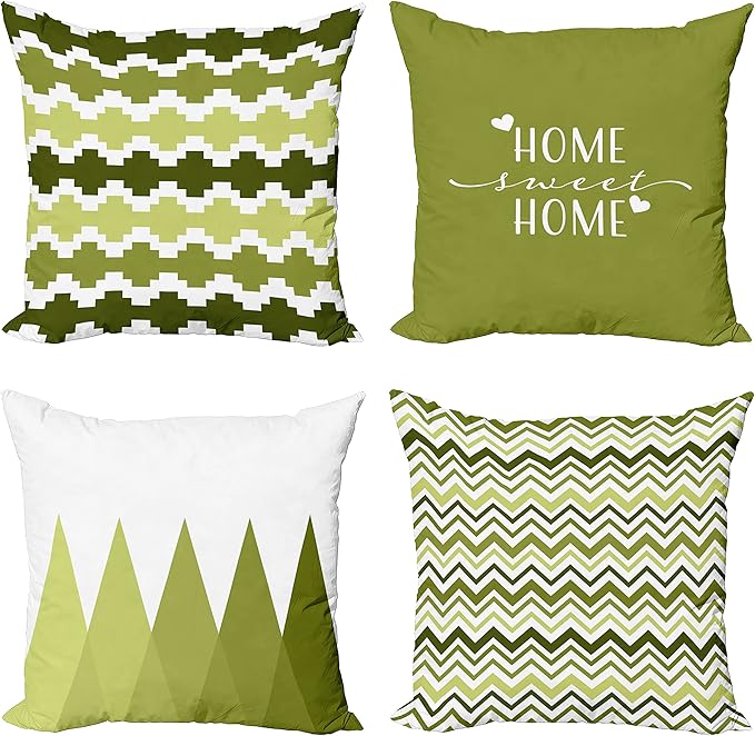 Ambesonne Modern Throw Pillow Cushion Case Pack of 4, Geometric Style Pattern of Triangles Zigzags Love Home Phrase Design, Modern Accent Double-Sided Digital Printing, 24", Olive Green and White