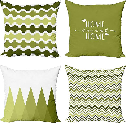 Ambesonne Modern Throw Pillow Cushion Case Pack of 4, Geometric Style Pattern of Triangles Zigzags Love Home Phrase Design, Modern Accent Double-Sided Digital Printing, 18", Olive Green and White