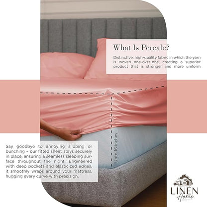 Linen Home 100% Cotton Percale Sheets Twin Size, English Rose, Deep Pocket, 3 Pieces Set - 1 Flat, 1 Deep Pocket Fitted Sheet and 1 Pillowcase, Crisp Cool and Strong Bed Linen