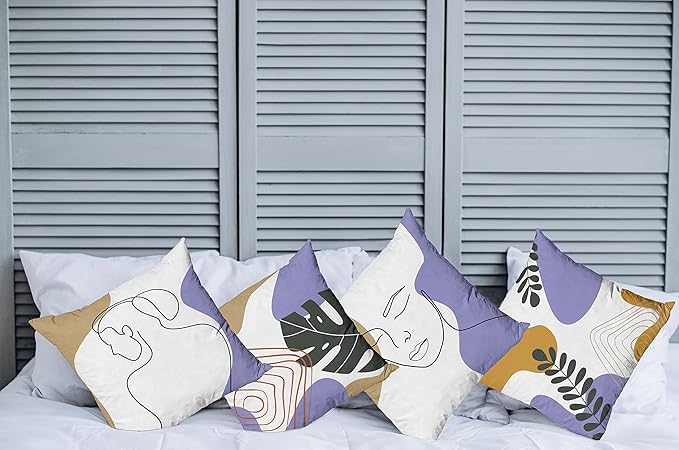 Ambesonne Minimal Throw Pillow Cushion Case Pack of 4, Modern Line Art Woman Portrait with Contemporary Leafy Geometric Details, Modern Accent Double-Sided Digital Printing, 20", Tan Amber Lavender