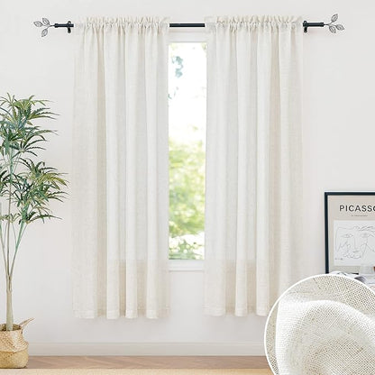 RYB HOME Linen Curtains 72 inches Long- Linen Textured Blend Privacy Sheer Shabby Chic Window Treatment for Living Room Nursery Farmhouse Home Office Farmhouse, Set of 2