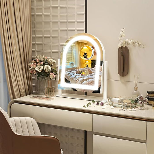 Lighted Makeup Mirror with 3-Color Dimmable Lighting, with Removable 10x Magnifier, Smart Touch Control, 360° Rotation, 15" x 13" Hollywood Vanity Mirror for Tabletop or Desk (White)
