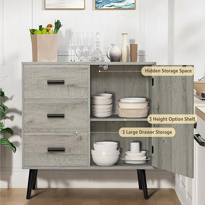Iwell Storage Cabinet with 3 Drawers & Adjustable Shelf, Sideboard Buffet Cabinet, Small Freestanding Floor Storage Unit, for Living Room, Home Office, Rustic Grey