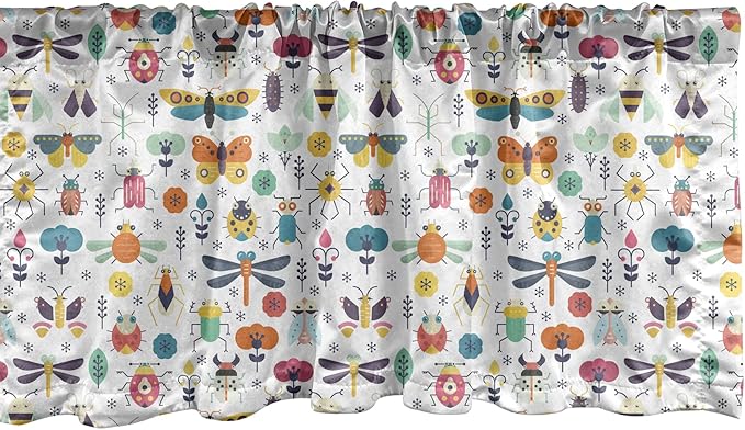 Lunarable Spring Window Valance Pack of 2, Colorful Seasons Pattern with Nature Garden Creatures Repeating Pattern Print, Rod Pocket Curtain Valances for Kitchen Bedroom, 54" X 12", Multicolor