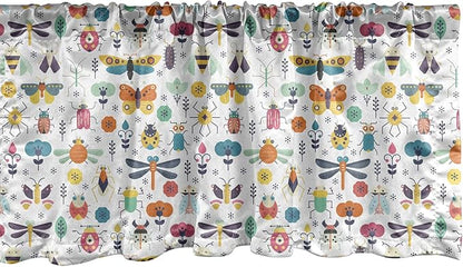 Lunarable Spring Window Valance Pack of 2, Colorful Seasons Pattern with Nature Garden Creatures Repeating Pattern Print, Rod Pocket Curtain Valances for Kitchen Bedroom, 54" X 12", Multicolor