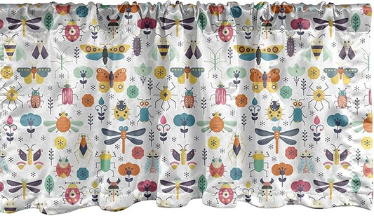 Lunarable Spring Window Valance Pack of 2, Colorful Seasons Pattern with Nature Garden Creatures Repeating Pattern Print, Rod Pocket Curtain Valances for Kitchen Bedroom, 54" X 12", Multicolor