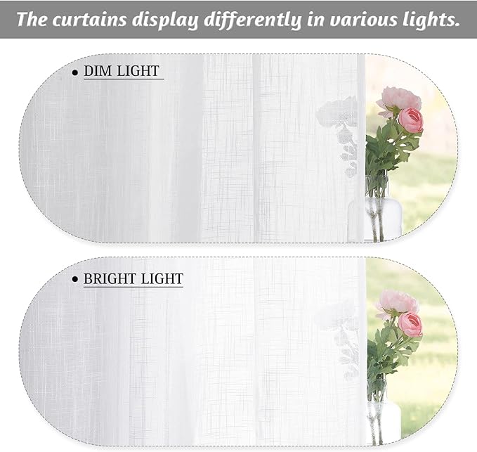 RYB HOME White Sheer Curtains 63 inches, Machine Washable Light Filtering Textured Short Curtains for Home Office Dormitory Sunroom Bathroom, W 42 x L 63 inches, 2 Panels Set