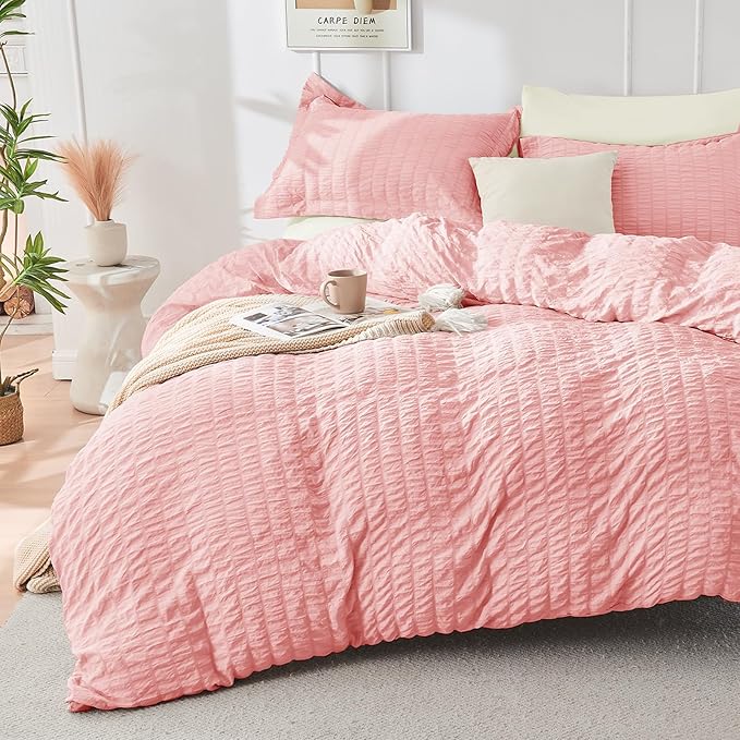 HYMOKEGE Pink/Ivory California King Comforter Set Seersucker 7 Pieces, All Season Luxury Bed in a Bag for Bedroom, Bedding Set with Comforter, Sheets, Pillowcases & Shams