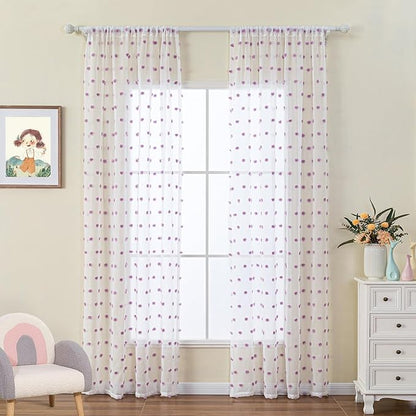 MYSKY HOME Purple Curtains for Girls Bedroom 84 Inch Long White Sheer Curtains with Lilac Pom Pom for Living Room Nursery Curtains 2 Panels Light Filtering Rod Pocket Semi Window Drapes 52 x 84 inch