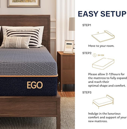 EGOHOME 12 Inch Queen Mattress, Copper Gel Cooling Memory Foam for Back Pain Relief, Therapeutic Bed in a Box, Foam Made in USA, CertiPUR-US Certified, 60x80x12 Black