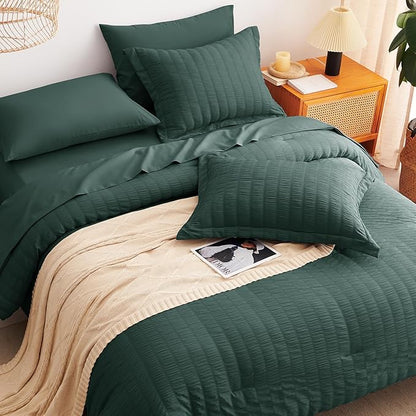 CozyLux Full Size Comforter Sets with Sheets Seersucker 7 Pieces Forest Green Bed in a Bag Textured Luxury Soft Bedding Set with Down Alternative Comforter, Sheets, Pillowcases & Shams for All Seasons