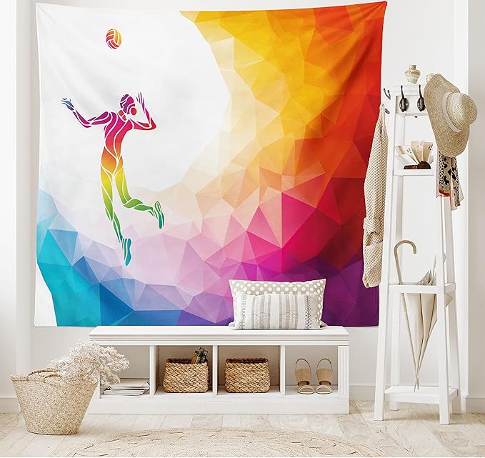 Lunarable Volleyball Tapestry, Colorful Polygonal Background Triangles Jumping Woman Striking The Ball, Wide Wall Hanging for Bedroom Living Room Dorm, 80" X 60", Purple Blue