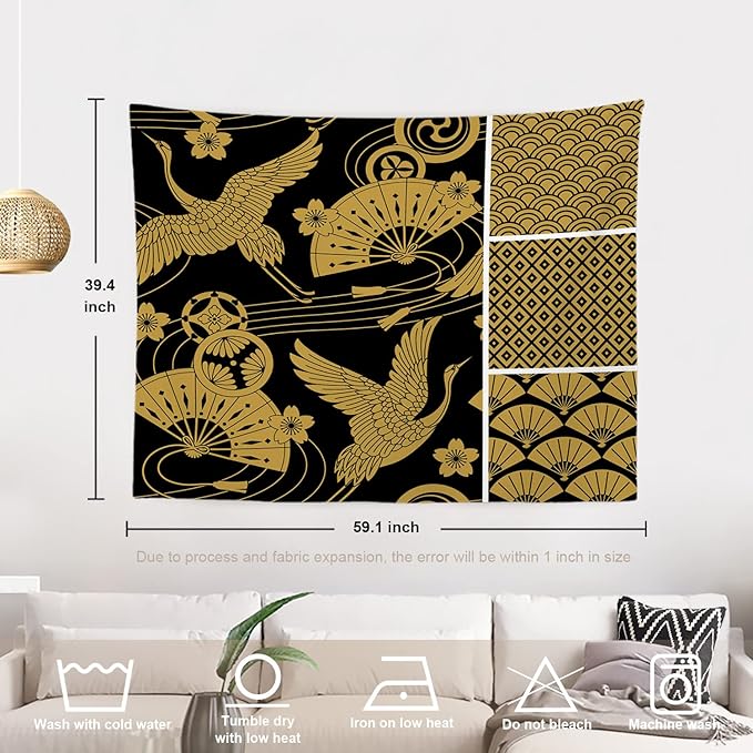 Batmerry Black Oriental Tapestry, Gold Japanese Fan Wall Art Hanging Decoration Polyester Fiber White Ruffled Around for Dorm Room Bedroom Living Room, 39.1x59.1 inches