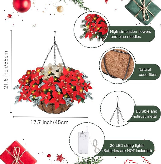 Florielle Artificial Fake Christmas Hanging Flowers Plants Basket with LED Lights, Faux Poinsettia, Pine Branches, for Outdoor New Year Xmas Decoration, Porch Home Holiday Decor (White)