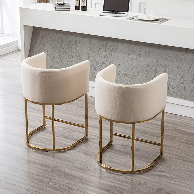 Modern Counter Height Linen Upholstered Bar Stool, 24" Kitchen Counter Island Stool Bar Chairs with Gold Metal Frame for Kitchen Island, Cream
