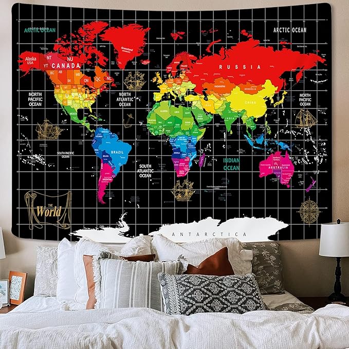 World Map Tapestry, Black Map World Vintag Topography Educational Wall Art Tapestries，Asia Europe South City Topography America Africa Japan Tapestry Wall Hanging 80X60 Inch