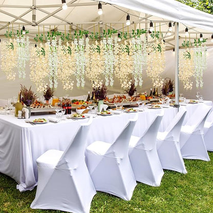 Giegxin 24 Pcs Artificial Wisteria Hanging Flowers 3.6 ft Artificial Fake Wisteria Vine Rattan Hanging Garland Silk Flowers String for Wall Home Wedding Party Greenery Decorations (Champagne,White)