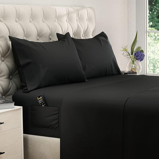 DREAMCARE King Size Sheets Set - Cooling Bed Sheets - 4pcs Set - up to 15" Deep Pocket King Sheet Set – Soft & Long Lasting Cooling - 100% Fine Brushed Polyester with Side Pocket - Black
