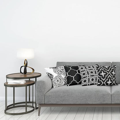 Ambesonne Vintage Throw Pillow Cushion Case Pack of 4, Monochrome Design Grid Trellis Quatrefoil Mesh and Dahlia Flowers Modern, Modern Accent Double-Sided Digital Printing, 20", Charcoal Grey White