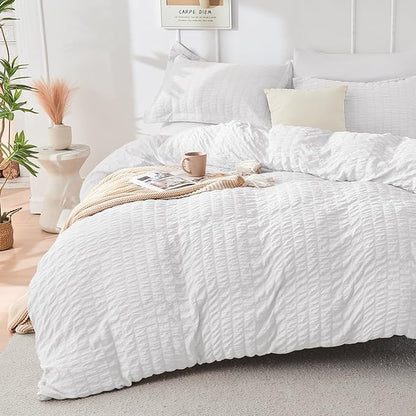 HYMOKEGE White Full Size Comforter Sets Seersucker 7 Pieces, All Season Luxury Bed in a Bag for Bedroom, Bedding Set with Comforters, Sheets, Pillowcases & Shams