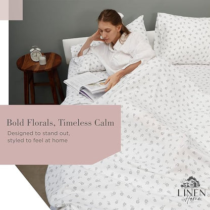 Linen Home 100% Cotton Printed Percale Sheets Queen Size, Deep Pocket, 4 Pieces Set - 1 Flat, 1 Deep Pocket Fitted Sheet and 2 Pillowcases, Crisp Cool and Strong Bed Linen, Mauve Silhouette Floral