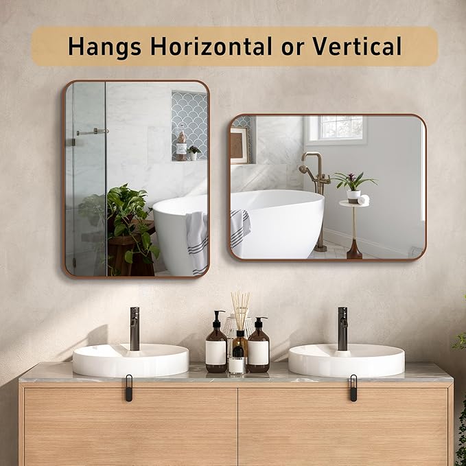 Rectangle Bathroom Mirror for Wall Decor, 30x36 Inch Brushed Bronze Metal Framed Rectangular Mirror for Bathroom Vanity, Living Room, Bedroom, Farmhouse, Hangs Vertically or Horizontally