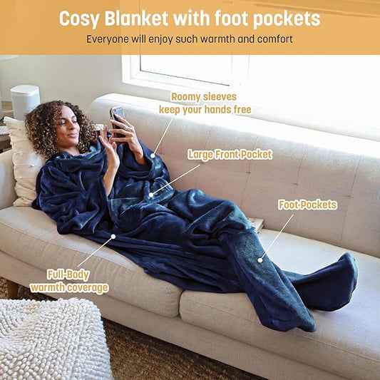 Catalonia Wearable Fleece Blanket with Sleeves and Foot Pockets for Adult Women Men, Micro Plush Comfy Wrap Sleeved Throw Blanket Robe Large, Gift for Her