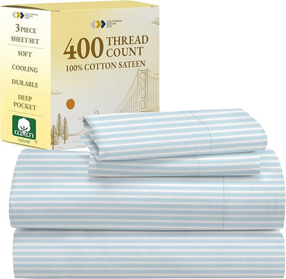 California Design Den Deep Pocket Twin Sheets Set - 400 Thread Count Sateen, Natural 100% Cotton Sheets, Cooling and Durable Bedding Set - Cape Stripe