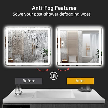 36x30 LED Bathroom Mirror with Lights, Rounded Rectangle Bathroom Mirror for Wall, Anti-Fog, Dimmable, Backlit + Front Lit, Lighted Bathroom Vanity Mirror Tempered Glass(Horizontal/Vertical)