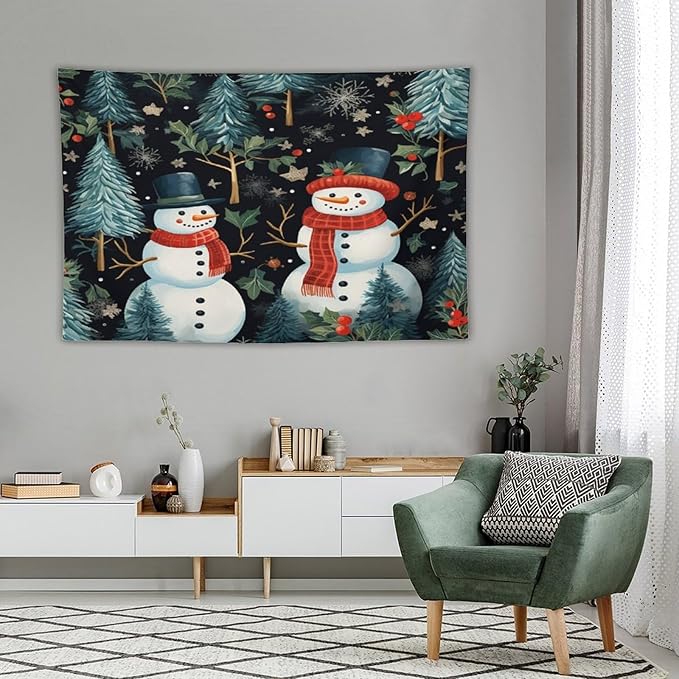 Snowman Couple Tapastry's Wall Hanging Christmas Winter Snowman Tapestry Vintage Aesthetic Tapestries Landscape Tapestry for Bedroom Aesthetic Home Decor 60"x90" Christmas Family Party