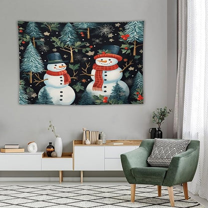 Snowman Couple Tapastry's Wall Hanging Christmas Winter Snowman Tapestry Vintage Aesthetic Tapestries Landscape Tapestry for Bedroom Aesthetic Home Decor 60"x90" Christmas Family Party