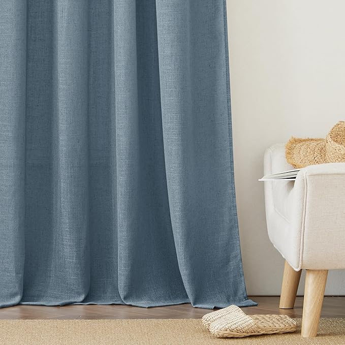 RYB HOME Linen Blended Semi Sheer Curtains - Semi Transparent Privacy Lightweight Elegant Decorative Country Rustic Panels for Dining Room Hallway, W 60 x L 90 inches, Stone Blue, 1 Panel