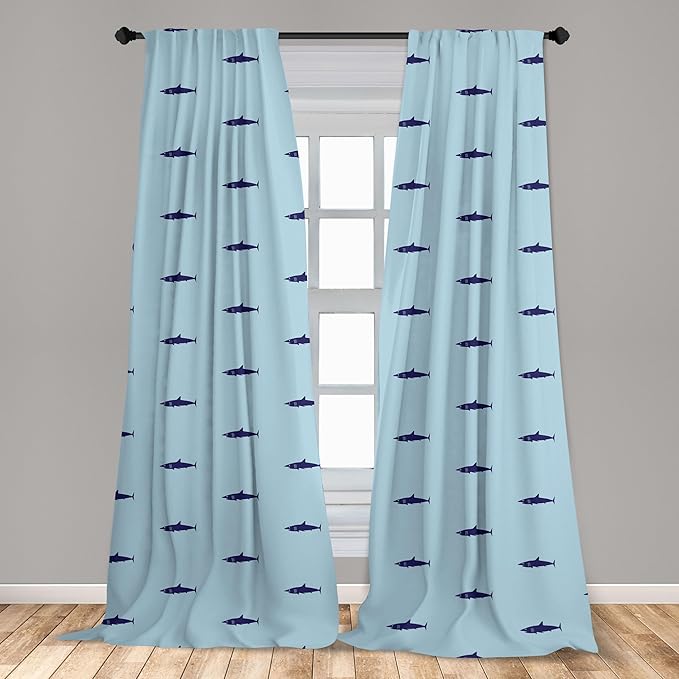Ambesonne Shark Curtains, Ocean Life Pattern in Blue Shades Wildlife Under The Sea Saltwater Fauna, Window Treatments 2 Panel Set for Living Room Bedroom, Pair of - 28" x 63", Blue Navy