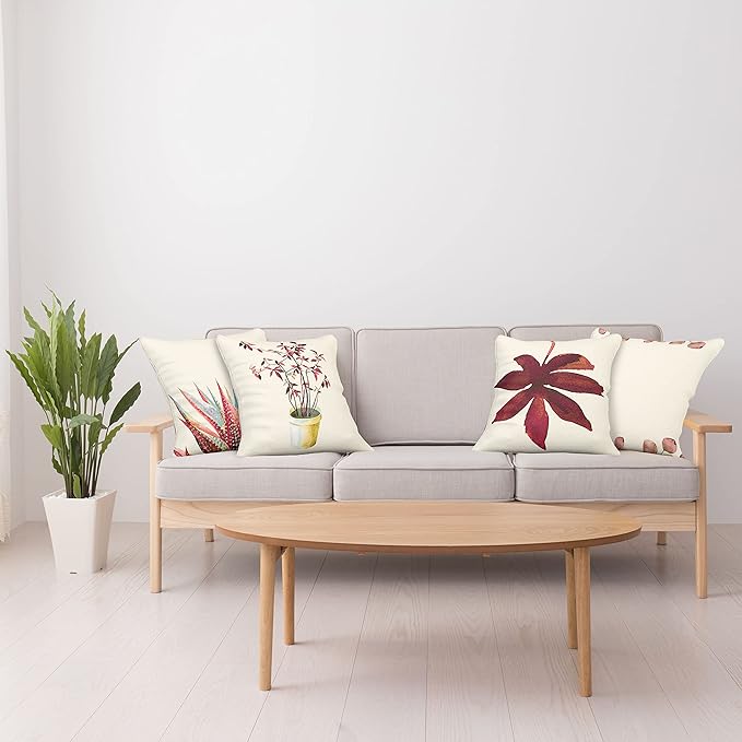 Ambesonne Botanical Throw Pillow Cushion Case Pack of 4, Minimalist Watercolor Painting Leaves Agave Branches Plant in a Pot, Modern Accent Double-Sided Digital Printing, 16", Raspberry Dark Salmon