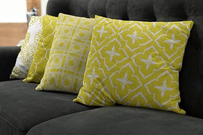 Ambesonne Vintage Throw Pillow Cushion Case Pack of 4, Monochrome Design Grid Trellis Quatrefoil Mesh and Dahlia Flowers Modern Print, Modern Accent Double-Sided Digital Printing, 16", Yellow White