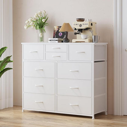 LUMTOK 10-Drawer Dresser, Fabric Storage Dressers Drawers for Bedroom, Hallway, Nursery, Closets, Steel Frame, Wood Top, Easy Pull Handle (White)