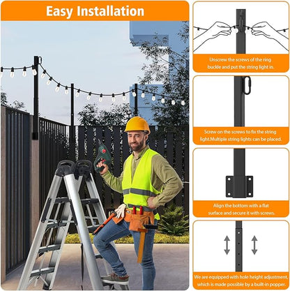 8 Pack 2.8Ft Suspension Outdoor String Light Poles for Outside String Lights Hanging,with Clip and Holder,Light Post Mounting Stand for Patio Fence Wall Garden Backyard Deck