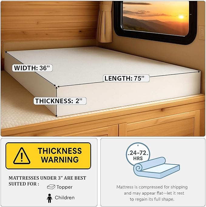 Foamma 2” x 36” x 75” Truck, Camper, RV High-Density Bunk Mattress Topper, Made in USA, Comfortable, Travel Trailer, CertiPUR-US Certified, Cover Not Included