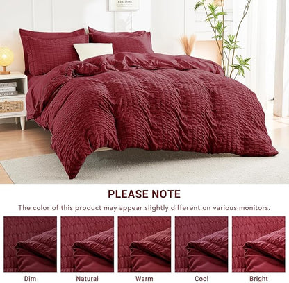HYMOKEGE Burgundy California King Comforter Set Seersucker 7 Pieces, All Season Luxury Bed in a Bag for Bedroom, Bedding Set with Comforters, Sheets, Pillowcases & Shams