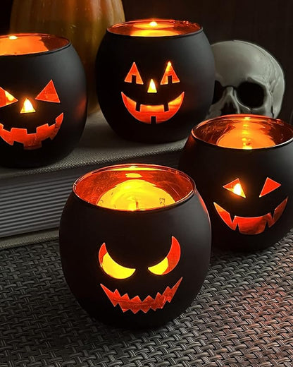 SHMILMH Halloween Table Centerpiece Candle Holders Set of 12, Black and Gold Glass Votive Holder with 6 Grimace, Tealight Holders Bulk for Halloween Party D?or