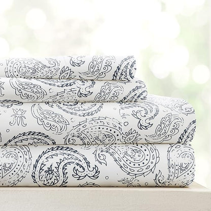 Linen Market 4 Piece King Sheet Set - Breathable, Double-Brushed Patterned Cooling Sheets – Oeko-TEX Certified Ultra Soft & Wrinkle-Free 16" Deep-Pocket King Sheets - Easy Care Coarse Paisley Navy