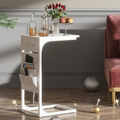 TUTOTAK C Shaped End Table with Charging Station, Side Table for Sofa, Couch Table with Storage Bag, TV Tray Table with 2 USB Ports and Outlets for Living Room, Bedroom, White TB01BW024