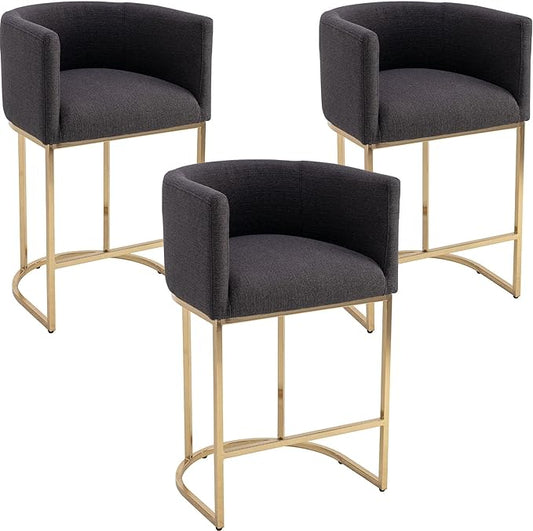 Modern Counter Height Linen Upholstered Bar Stools Set of 3, 29" Kitchen Counter Island Stools Bar Chairs with Gold Metal Frame for Kitchen Island, Charcoal