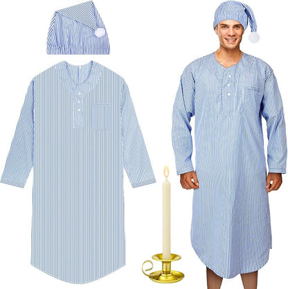 Toulite 4 Pcs Men's Pajama Set Includes Men's Nightshirt Night Sleeping Cap Candle Holder and Candle for Halloween Christmas(3x-large)