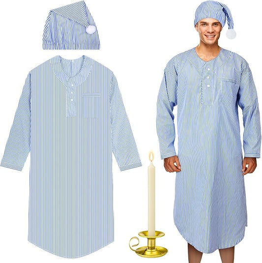Toulite 4 Pcs Men's Pajama Set Includes Men's Nightshirt Night Sleeping Cap Candle Holder and Candle for Halloween Christmas(Large)