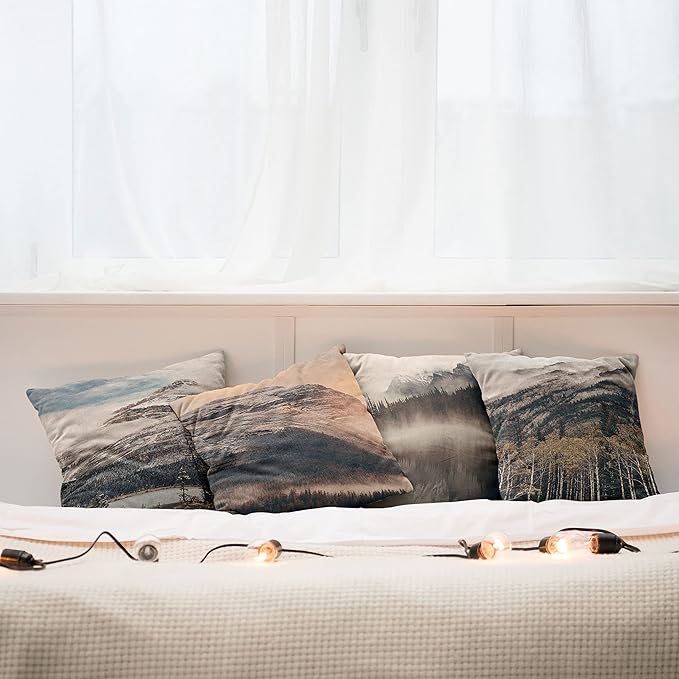 Ambesonne Landscape Throw Pillow Cushion Case Pack of 4, Snowy Mountains Woods Early Morning Sunrise Nature Outdoors Scenery Photo, Modern Accent Double-Sided Digital Printing, 20", Brown White