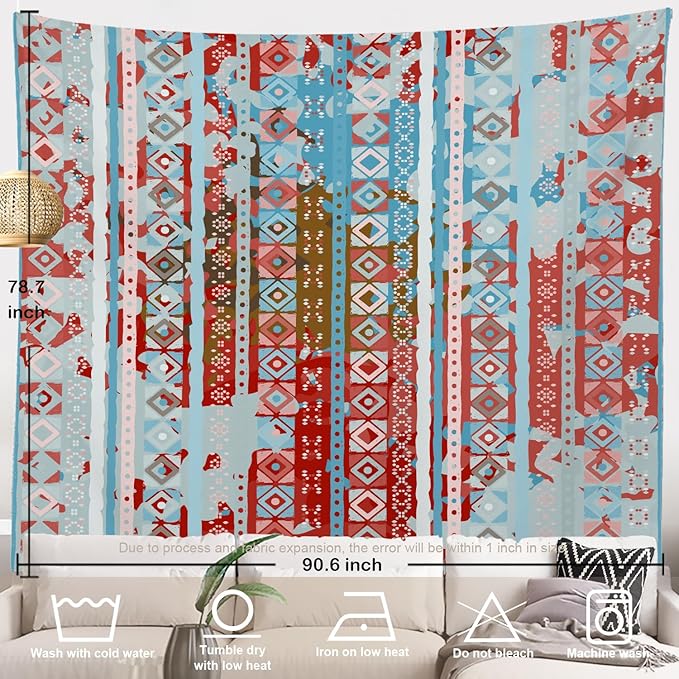 Batmerry Boho Tribal Tapestry, Aztec Ethnic Tribal Colorful Boho Abstract Distress Watercolor Wall Hanging Polyester Fiber White Ruffled Around For Dorm Room Bedroom Living Room, 90.6 X 78.7 Inches