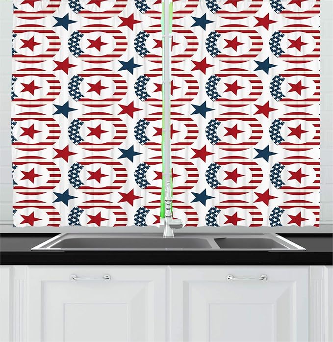 Lunarable Americana Kitchen Curtains, Patriotic Themed Art Design USA Flag Rounds and Stars, Window Drapes 2 Panel Set for Kitchen Cafe Decor, 55" X 39", Vermilion Dark Turquoise